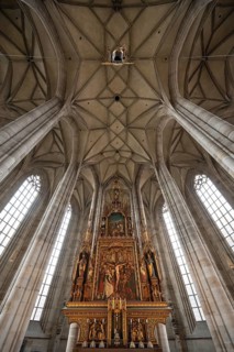 High altar, completed in 1642, replaced by neo-Gothic carvings in 1856, late Gothic hall church of