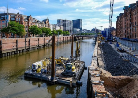 Hamburg, Germany - Speicherstadt, construction work in the canal, renovation of the water channel,