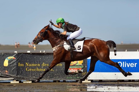 Rider, horsewoman, horse at a gallop, gallop race in the mudflats, Duhner Wattrennen 2019, Duhnen,