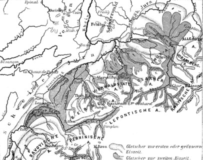 Topographic map of the Swiss glaciers during the last two ice ages, climate change, cold, Alps,