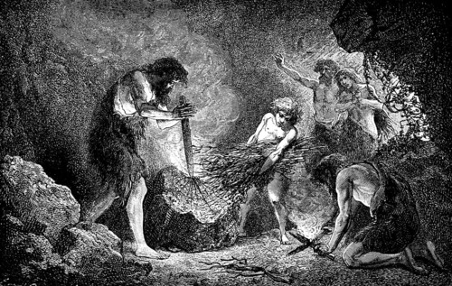 Creation of fire by friction, stick made of wood and thin branches, animal skins as clothing,