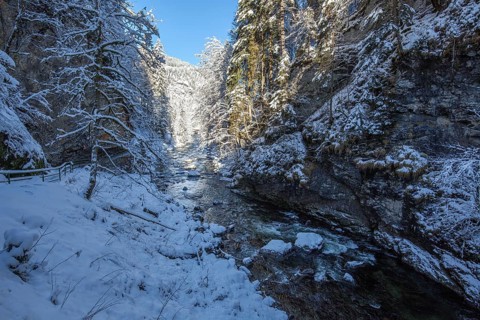 Winter, snowy landscape, river Breitach and hiking trail through the Breitachklamm gorge near