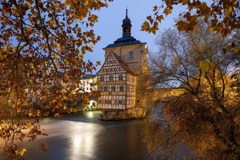 The old town hall on the river Regnitz, Blue Hour, Bamberg, Upper Franconia, Bavaria, Germany,