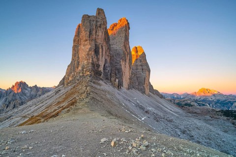 Three Peaks in the morning light, summit glow, Forcella Lavaredo, Sesto Dolomites, South Tyrol,