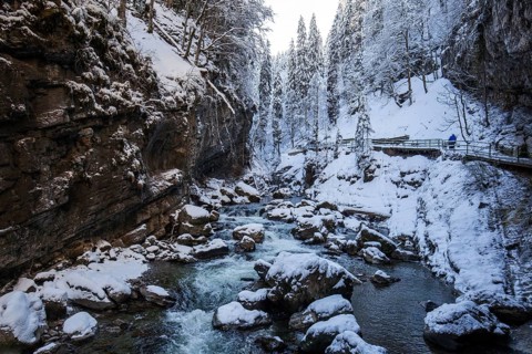 Winter, snowy landscape, river Breitach and hiking trail through the Breitachklamm gorge near