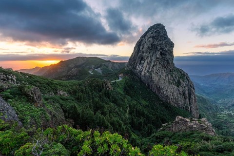 View of the Roque de Agando rock tower, one of La Gomera's landmarks, from the Mirador Roque de