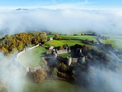 White Castle in the fog at dawn, Monmouthshire, Wales, England, United Kingdom, Europe
