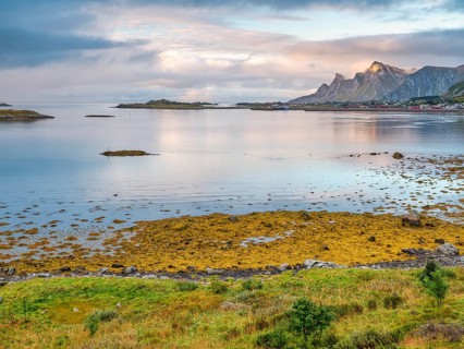 View towards Ramberg and the surrounding mountains, Arctic Ocean, Autumn, Lofoten, Norway, Europe