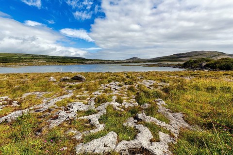 Karst landscape, lake on the horizon, Burren National Park, County Clare, Ireland, Europe