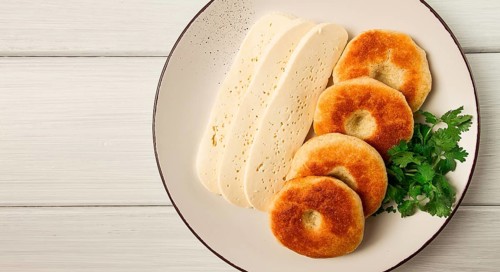 Mchadi, corn tortillas, traditional Georgian dish, corn bread, with Imeretian cheese, homemade, no