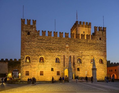 Main square with castle at dusk, Marostica, Province of Vicenza, Italy, Europe