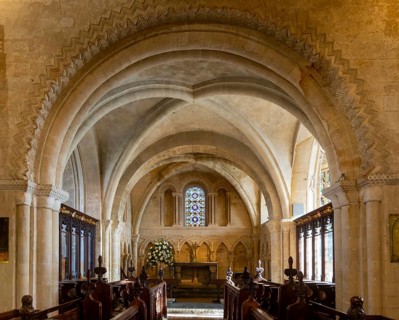 Norman chancel and sanctuary architecture with rib vaulting, church of Saint John the Baptist,