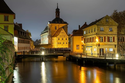 The old town hall on the river Regnitz, Blue Hour, Bamberg, Upper Franconia, Bavaria, Germany,