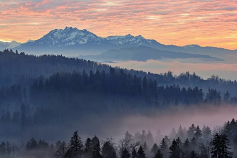 Foggy atmosphere in the light of the setting sun with a view of Mount Pilatus, Canton Zug,
