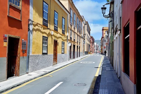Colourfully painted facades in a quarter of the city, San Cristóbal de La Laguna, Tenerife, Canary