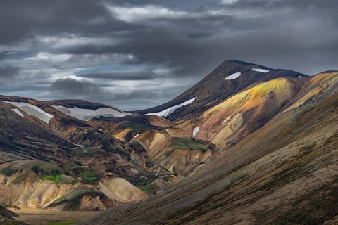 Rhyolite mountains, volcanic landscape, colourful erosion landscape with mountains,