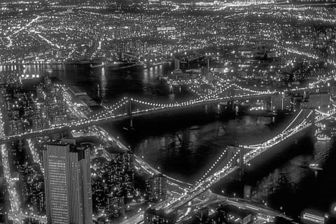 View from the former World Trade Center at night over Brooklyn, East River, Brooklyn Bridge and