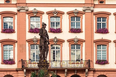 Knight on the Röhrbrunnen fountain in front of the town hall Gengenbach, Black Forest,