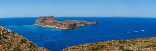 View from the Gramvousa peninsula to the island of Imeri Gramvousa, Kolimbari, West Crete, Crete,