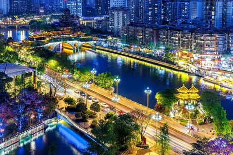 Chengdu skyline with Anshun Bridge over Jin River at night in Chengdu, China, Asia