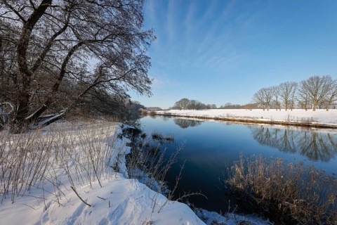 Dorsten, North Rhine-Westphalia, Germany - Sunny winter landscape in the Ruhr area, ice and snow on