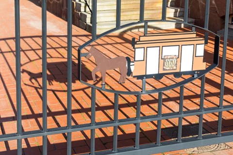 German horse-drawn railway museum, appropriately designed fence with shadow play, Döbeln, Saxony,