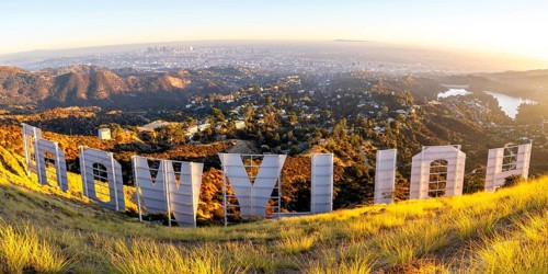 Hollywood Sign sign on Mount Lee Panorama with a view of Los Angeles, USA, North America
