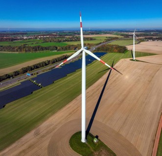 Glauchau, Saxony, Germany, Wind turbines, wind farm and solar farm on the A4 motorway near