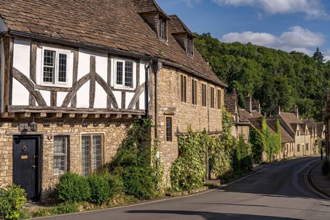 Half-timbered house in the village of Castle Combe, Cotswolds, Wiltshire, England, Great Britain