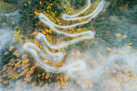 Aerial view of traffic on the Maloja Pass road with its numerous hairpin bends, Canton of