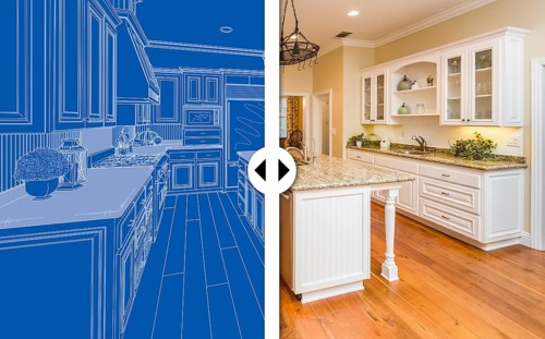 Before and after slider comparing blueprint sketch drawing plans and completed custom kitchen