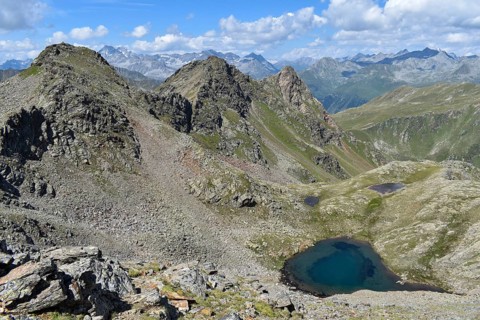 View from the Weiße Spitze to the mountain lakes on the way from the Brugger Alm, on the horizon to