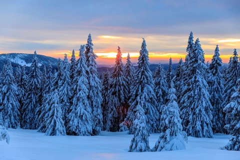 Sunset and winter landscape at the Wossecker Baude above Harrachsdorf in the Giant Mountains, Czech