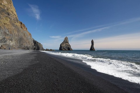 Rocks and cliffs at the black beach of Vík í Mýrdal, South Iceland