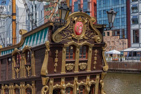 Mottlau pier in Gdansk with the Galeon Lew, a replica of an historic corsair