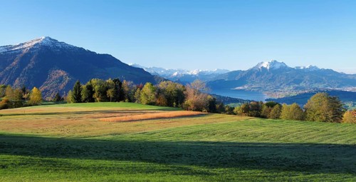 View from Zugerberg to Lake Lucerne, Rigi and Pilatus in the background, Canton Zug, Switzerland,