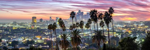 Los Angeles skyline with palm trees and downtown at sunset panorama in California in Los Angeles,