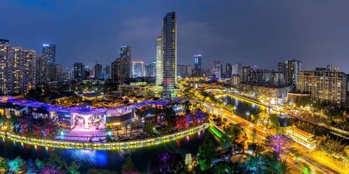 Chengdu skyline with Anshun Bridge over Jin River at night panorama in Chengdu, China, Asia
