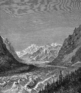 Mountain landscape with the glacier Mer de Glace, sea of ice, in the Mont Blanc region of the