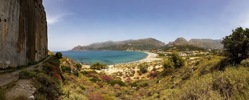 View from the Sarella peninsula to the bay and beach of Plakias, south coast, Crete, Greece, Europe