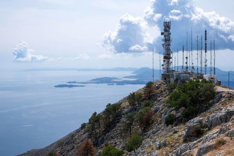 Pantokrator, Corfu, Greece, Antenna system on Mount Pantokrator with a view over the Ionian Sea