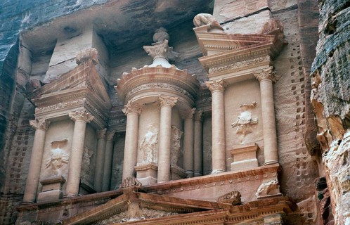 Details of stone carvings in the treasury building at the archaeological site of Petra, Jordan,