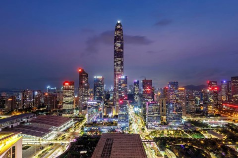 Skyline with skyscrapers city centre Futian district at night in Shenzhen, China, Asia