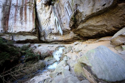 Frozen waterfall with icicles in the Gautschgrotte, Hohnstein, Saxony, Germany, Europe