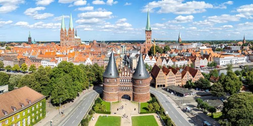 Holstentor Holsten Tor aerial view panorama in the Hanseatic city of Lübeck, Germany, Europe