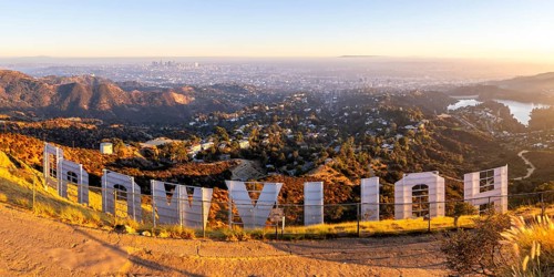 Hollywood Sign sign on Mount Lee Panorama with a view of Los Angeles, USA, North America