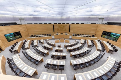 State parliament of Baden-Württemberg. Empty plenary hall, state coat of arms. Stuttgart,