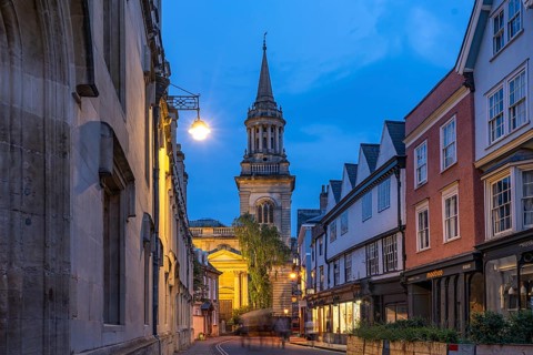 Turl Street and the former Anglican church All Saints Church at dusk, Oxford, Oxfordshire, England,