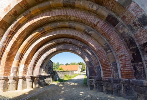 Romanesque portal as historical entrance to Altzella Monastery, Nossen, Saxony, Germany, Europe