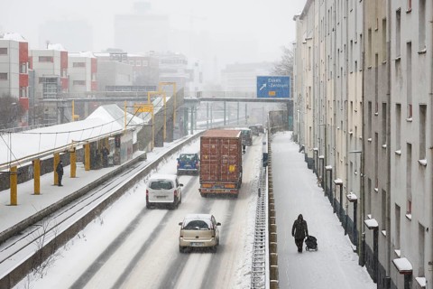 Essen, North Rhine-Westphalia, Germany - Onset of winter in the Ruhr region, few cars and lorries